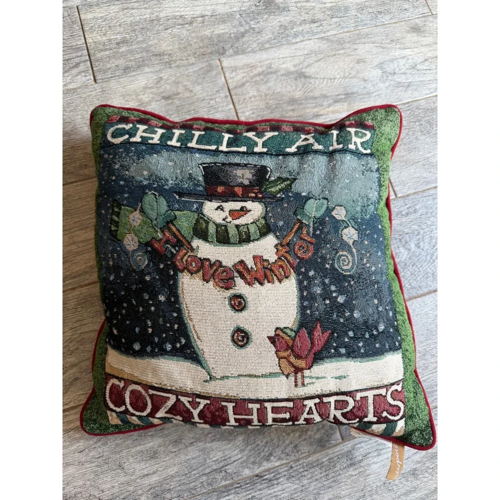 Christmas Snowman Tapestry Pillow Needlepoint Chilly Air Cozy Hearts Newport